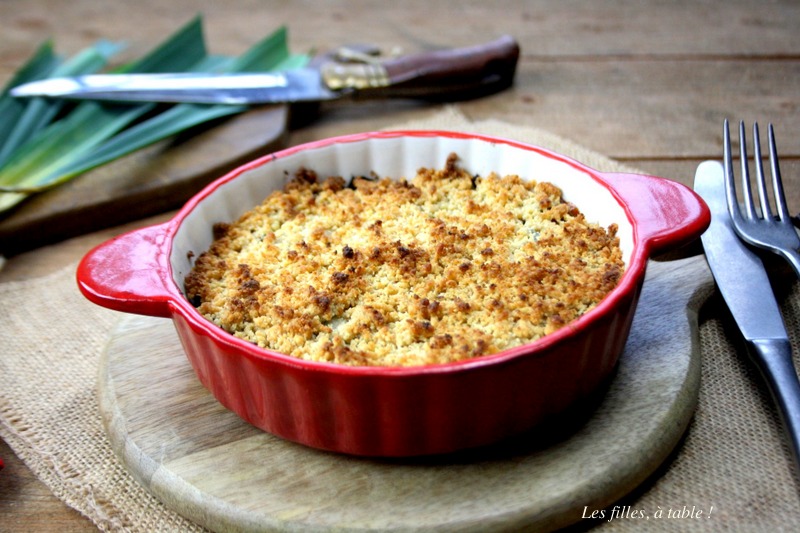 crumble, poireaux, chèvre, les filles à table