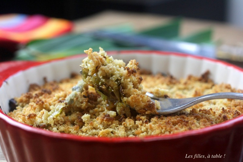 crumble, poireaux, chèvre, les filles à table