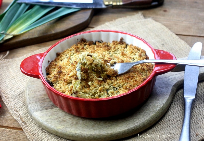 crumble, poireaux, chèvre, les filles à table