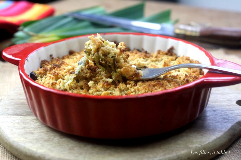 crumble, poireaux, chèvre, les filles à table
