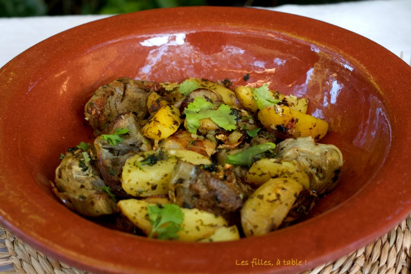 artichauts, pommes de terre, chermoula, les filles à table