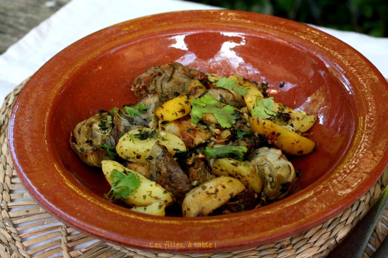 artichauts, pommes de terre, chermoula, les filles à table