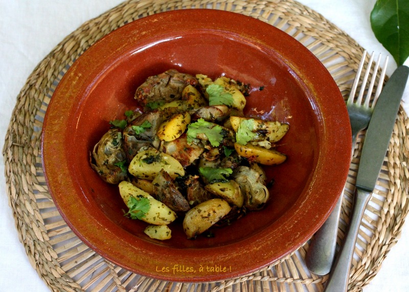 artichauts, pommes de terre, chermoula, les filles à table