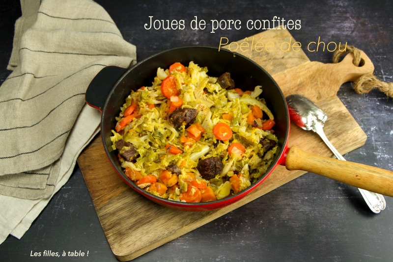 Joues de porc confites, poêlée de chou frisé