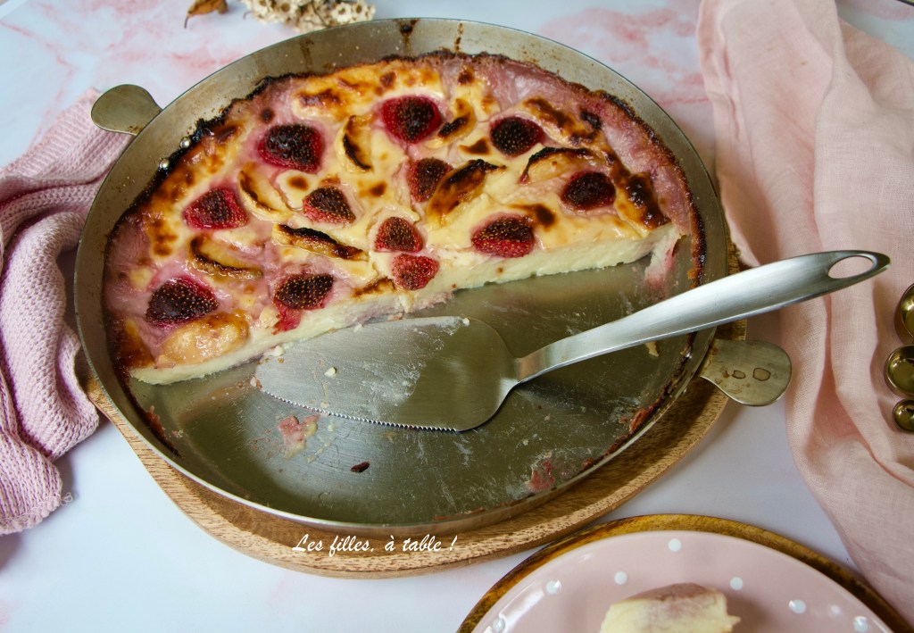 Flan aux fraises et pêches, parfum veveine