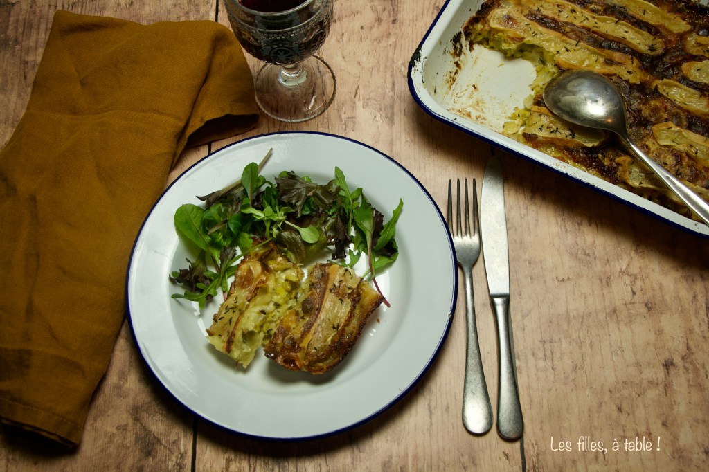 Gratin de poireaux, ravioles et reblochon
