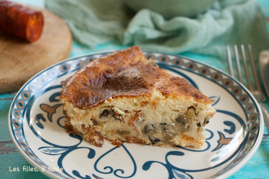 Clafoutis aux aubergines, chorizo et olives