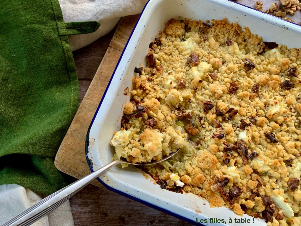 Crumble de poireaux, chèvre et noix